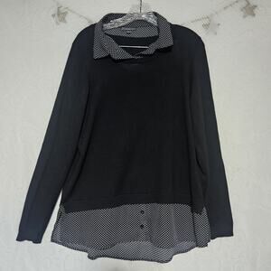 Adrianna Papell Large Twofer Collared Black Layered Sweater Blouse Tunic Preppy